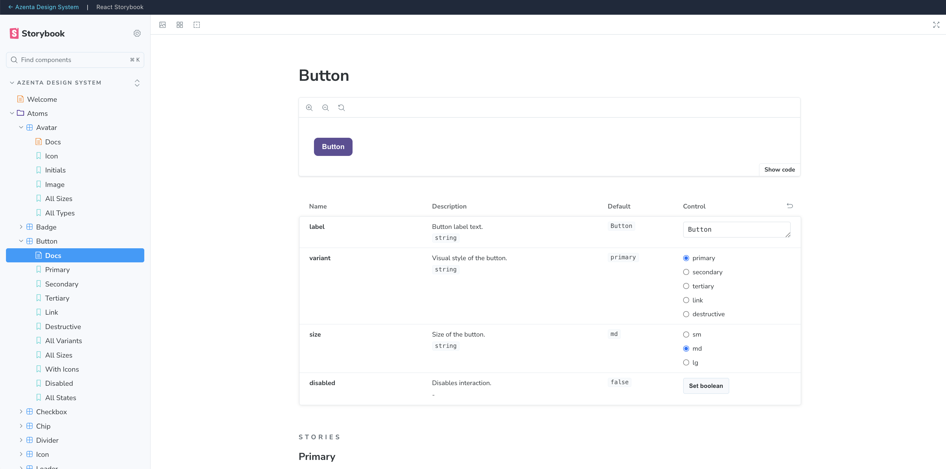 Storybook documentation and component implementation